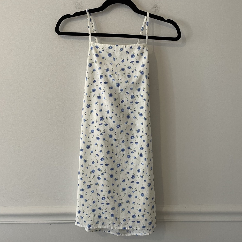 American Eagle Ditsy Floral Open Back Mini Dress XS Linen Bow Cottage Coquette